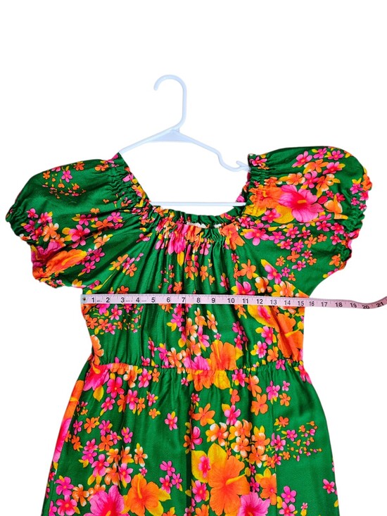 Vintage Pomare Tahiti Hawaiian Maxi Dress Green Hibiscus Puff Sleeve S/M 60s 70s - Picture 5 of 6